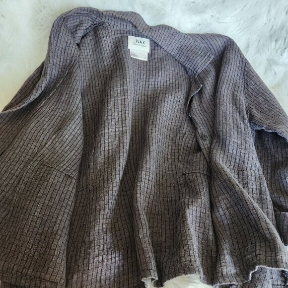 FLAX 100% Linen Jacket Check Plaid Women's Large Shirt Brown Lagenlook Relaxed - Picture 8 of 13